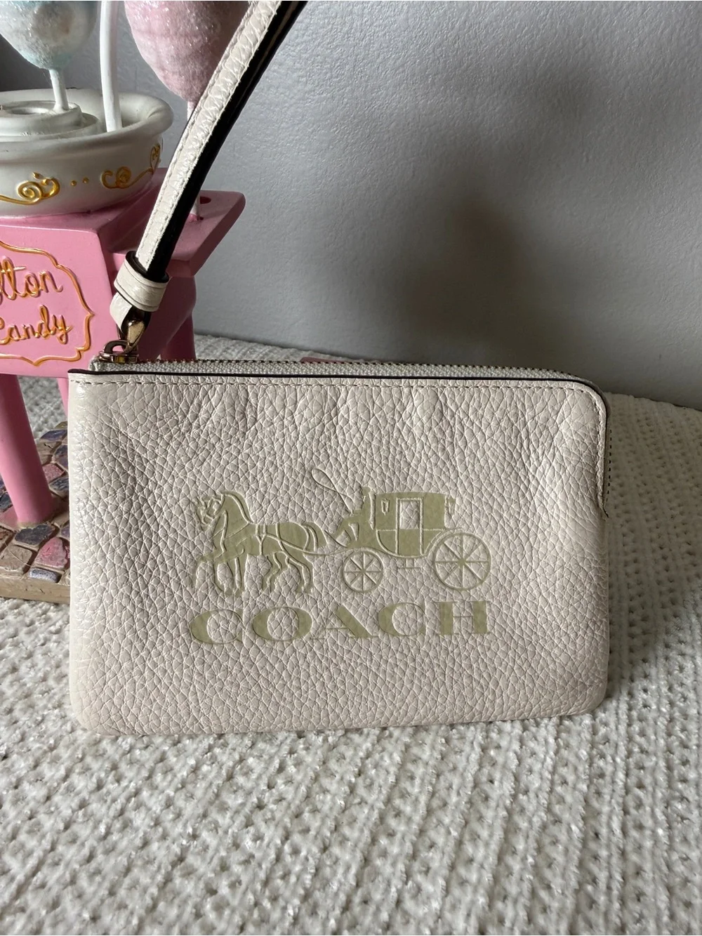 Coach Pebbled Leather Wristlet in Cream with Pale Yellow Logo